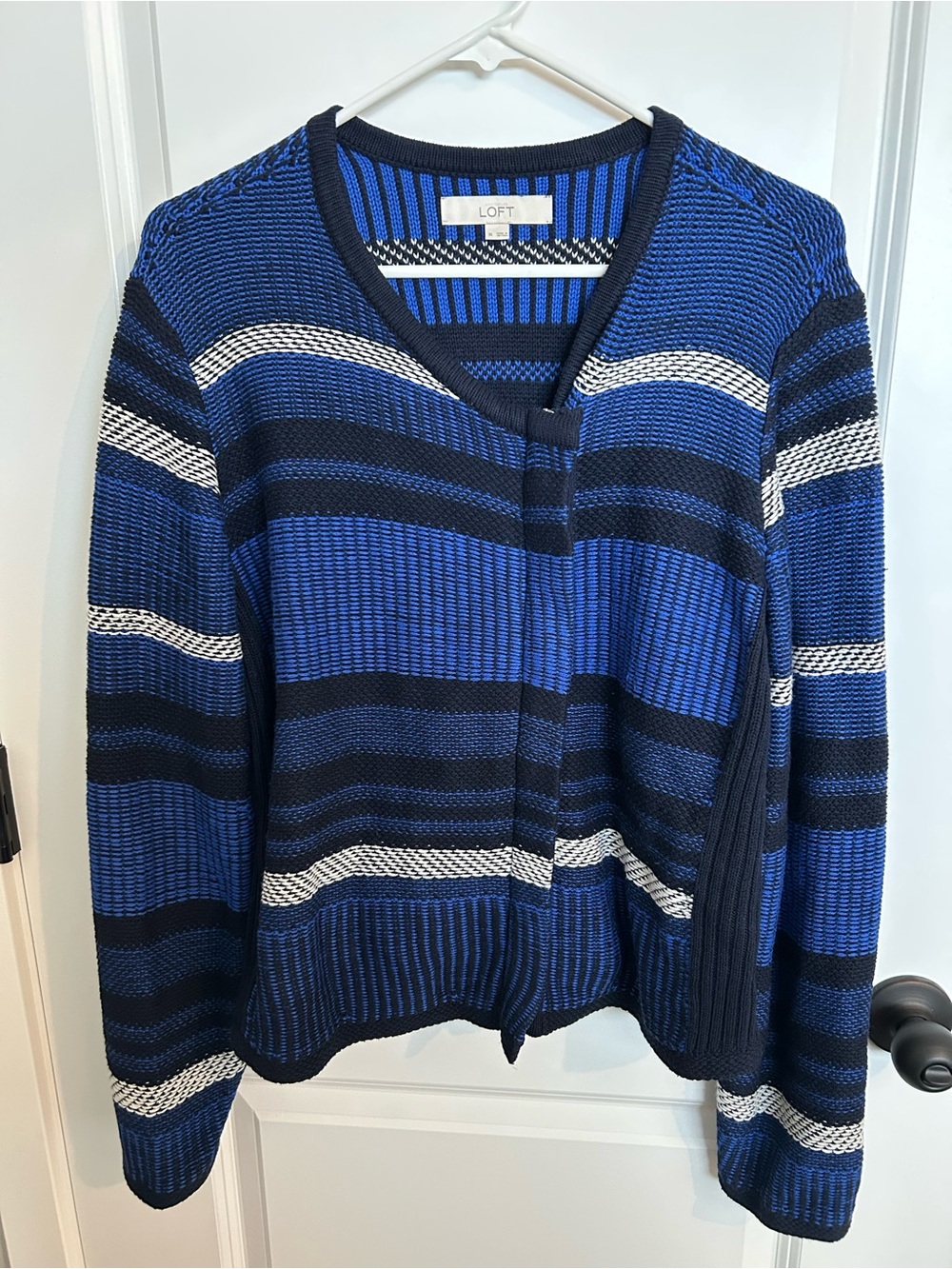 LOFT Blue and Black Striped V-Neck sweater jacket with White Accents